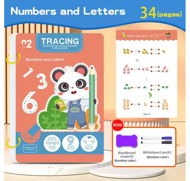 Kids 34-Page Reusable Writing & Drawing Workbook Set with Erasable Pen