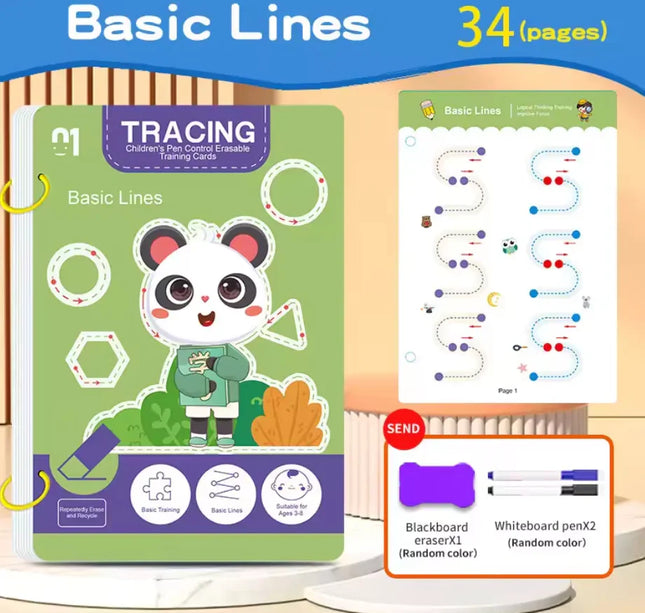Kids 34-Page Reusable Writing & Drawing Workbook Set with Erasable Pen