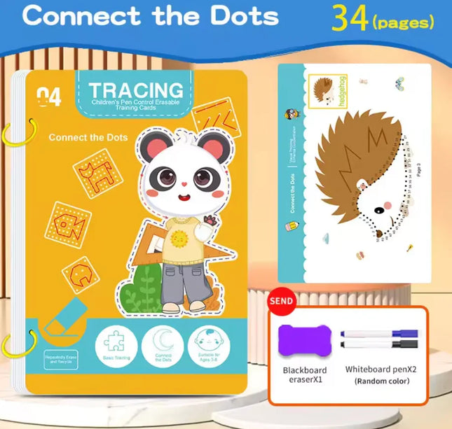 Kids 34-Page Reusable Writing & Drawing Workbook Set with Erasable Pen