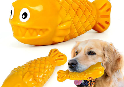 OSORD - Juguetes chirriantes para perros con dispensador de golosinas, resistentes e indestructibles, para perros de razas grandes y medianas, interactivos, duraderos, con hueso de nailon para mantenerlos ocupados (amarillo)
