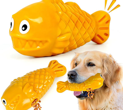 OSORD - Juguetes chirriantes para perros con dispensador de golosinas, resistentes e indestructibles, para perros de razas grandes y medianas, interactivos, duraderos, con hueso de nailon para mantenerlos ocupados (amarillo)