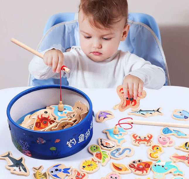 Montessori Wooden Fishing Toys For Children Magnetic Marine Life Cognition Fish Games Parent-Child Interactive Educational Toy