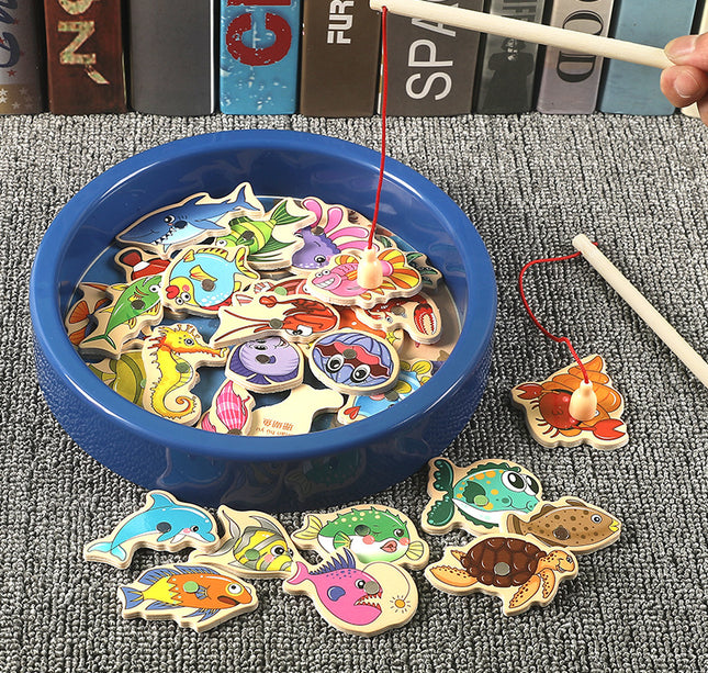 Montessori Wooden Fishing Toys For Children Magnetic Marine Life Cognition Fish Games Parent-Child Interactive Educational Toy