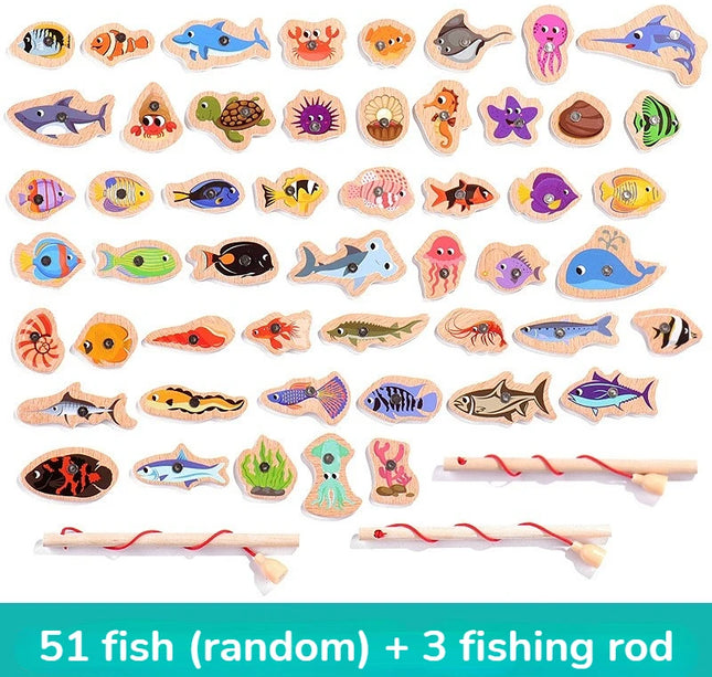 Montessori Wooden Fishing Toys For Children Magnetic Marine Life Cognition Fish Games Parent-Child Interactive Educational Toy