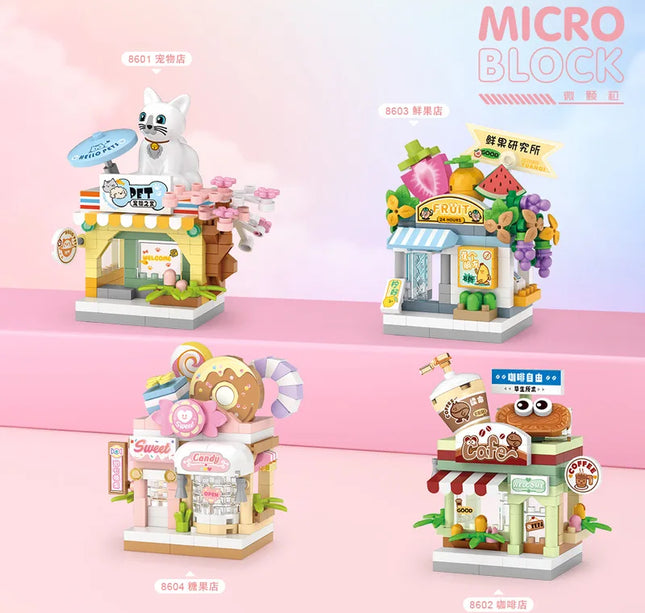 NEW Restaurant Dessert Coffee Pet Fruit Store Street View Food House Building Blocks Kit Girls Bricks Model Kids Toy Children