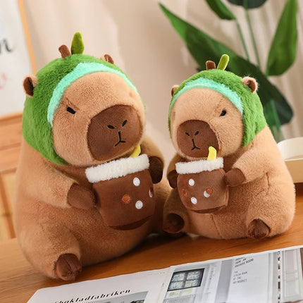 Capybara Plush Toy with Strawberry Hat – Small Stuffed Animal, Turtle Backpack & Hand Ring Pendant Gift