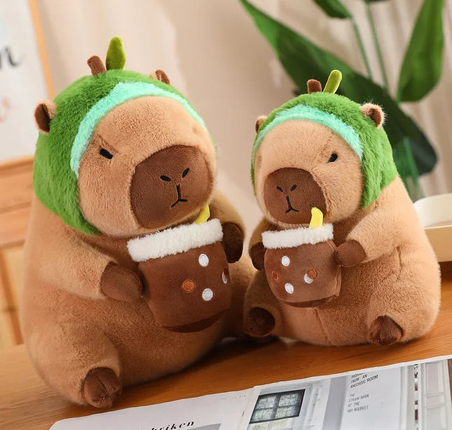 Capybara Plush Toy with Strawberry Hat – Small Stuffed Animal, Turtle Backpack & Hand Ring Pendant Gift
