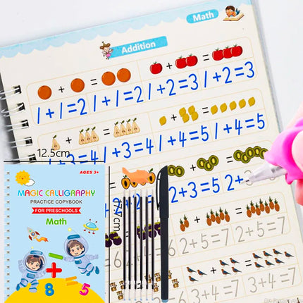Reusable 3D Calligraphy Copybook – Math & English Letter Practice Educational Drawing Book for Kids