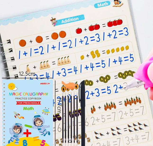 Reusable 3D Calligraphy Copybook – Math & English Letter Practice Educational Drawing Book for Kids