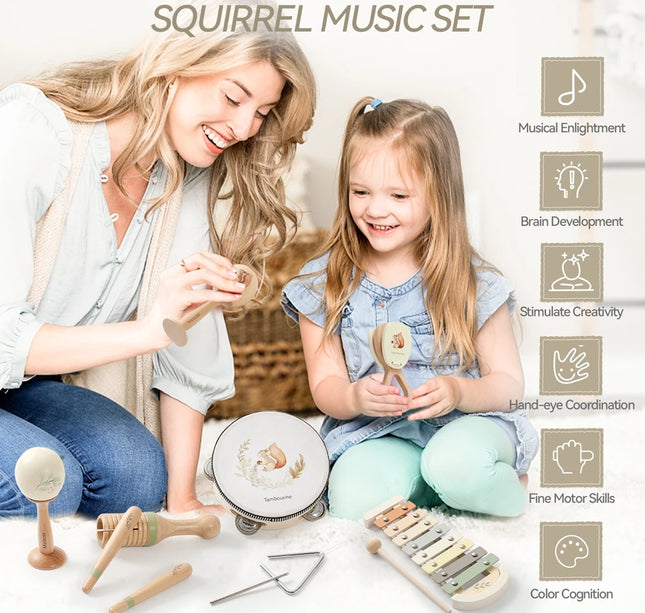 Montessori Musical Instruments Set – Wooden Drum & Xylophone Toys for Babies 0–12 Months Early Education