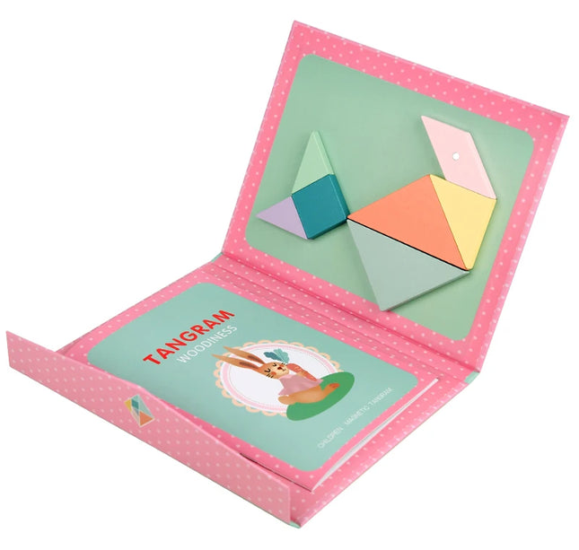 Wooden Magnetic Tangram Puzzle – Educational Montessori Book Toy for Children