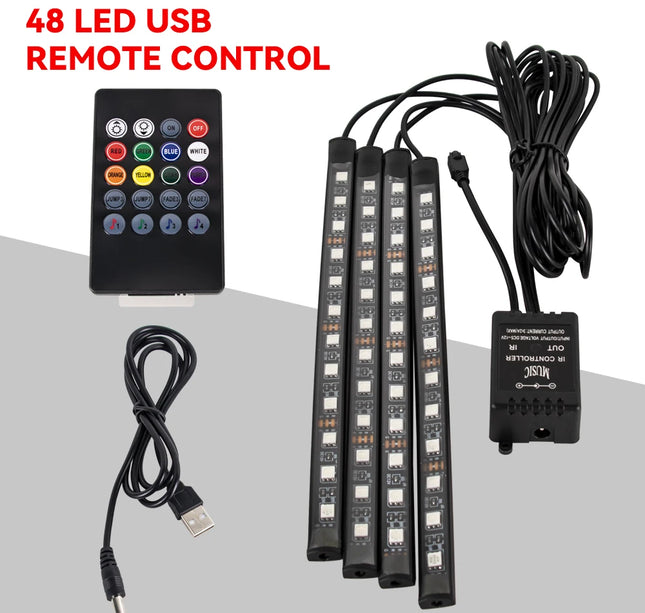 RGB Car Atmosphere Lights – LED Interior Footwell Strip with USB, Remote & Sound Control