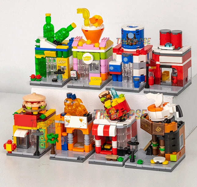 NEW Restaurant Dessert Coffee Pet Fruit Store Street View Food House Building Blocks Kit Girls Bricks Model Kids Toy Children