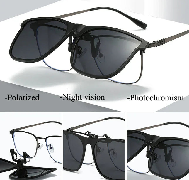 Men's Clip-On Polarized Sunglasses – Vintage Square Photochromic Night Vision Driving Glasses