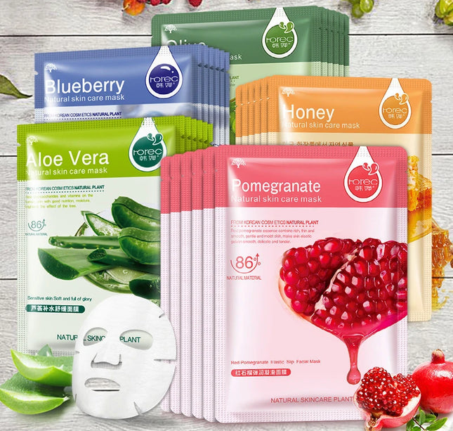 30pcs Natural Plant Facial Mask Moisturizing Oil Control Anti-Aging Fruit Aloe Korean Sheet Face Mask Beauty Skin Care Prodcuts