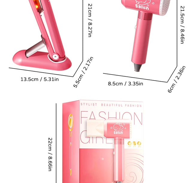 Kids Simulation Haircut & Makeup Kit – Pretend Play Hair Dryer Set Educational Toy for Girls Gifts