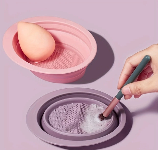 Silicone Folding Makeup Brush Scrub Bowl, Convenient Beauty Egg Cleaning Pad, Powder Puff Cleaning Bowl Tool