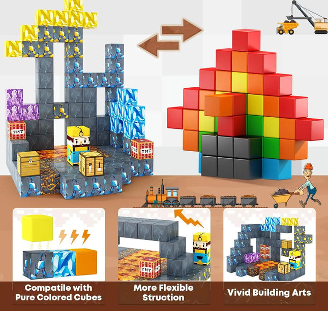 Magnetic Building Blocks Mine World Magnet Cube Set for Boy Girl Kid Age 3+ DIY Model Children STEM Educational Sensory Toy