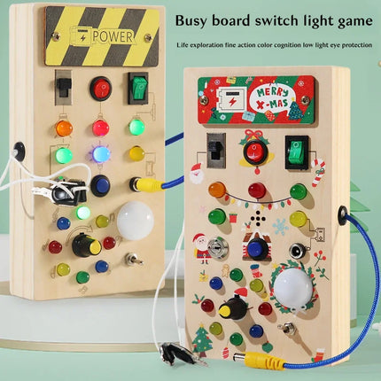 Montessori Wooden Busy Board – Sensory Training Toy with LED Lights & Switches for Early Learning Baby Gift