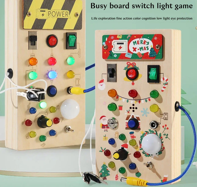 Montessori Wooden Busy Board – Sensory Training Toy with LED Lights & Switches for Early Learning Baby Gift