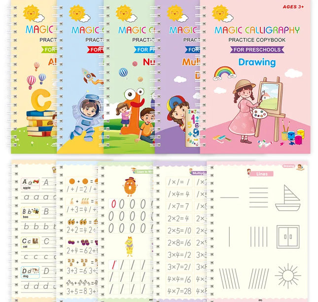 Reusable 3D Calligraphy Copybook – Math & English Letter Practice Educational Drawing Book for Kids