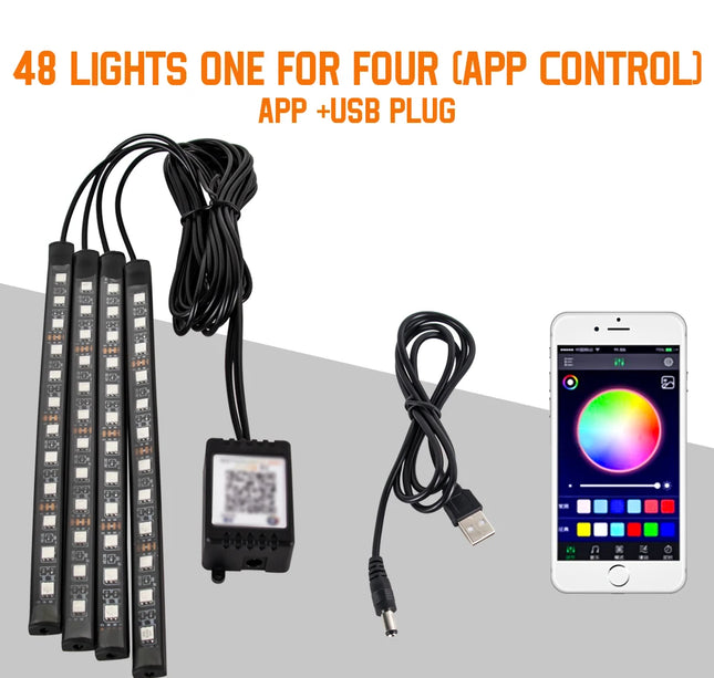 RGB Car Atmosphere Lights – LED Interior Footwell Strip with USB, Remote & Sound Control