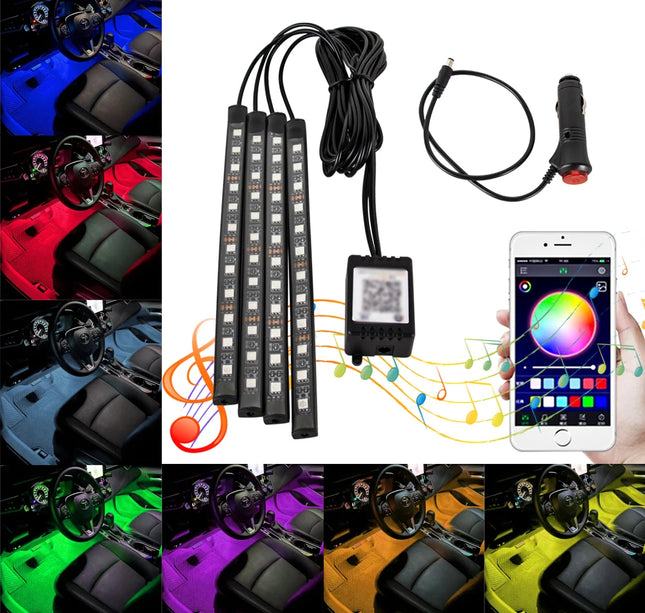 RGB Car Atmosphere Lights – LED Interior Footwell Strip with USB, Remote & Sound Control