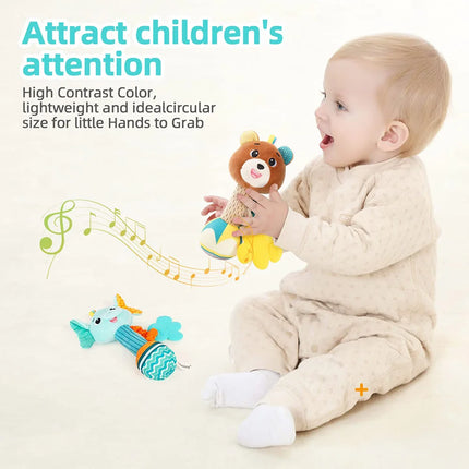 Baby Rattle Plush Toy – Soft Stuffed Animal Shaker with Crinkle & Squeaky Sensory Grip for Toddler Travel & Gifts