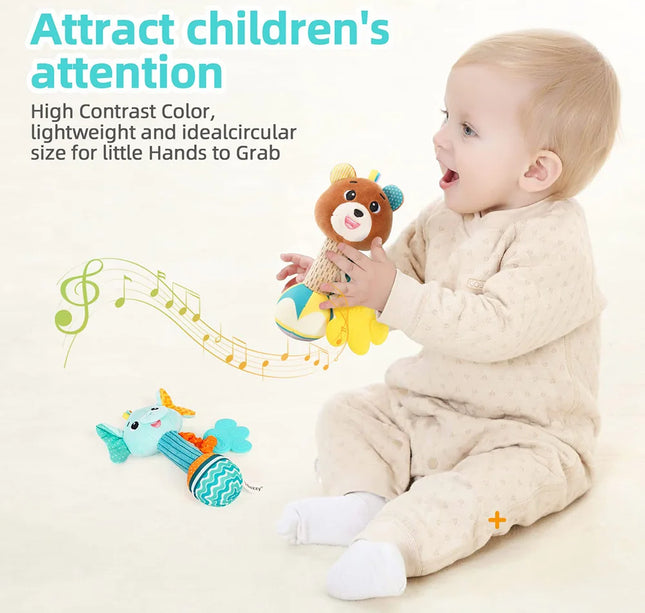 Baby Rattle Plush Toy – Soft Stuffed Animal Shaker with Crinkle & Squeaky Sensory Grip for Toddler Travel & Gifts