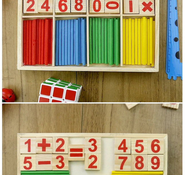Children's math teaching aids, counting sticks, arithmetic learning box, wooden educational toys, Montessori education