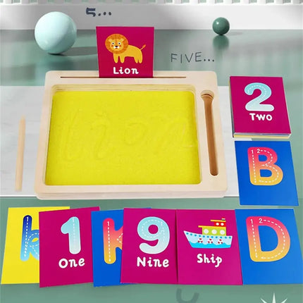 Montessori Wooden Sand Tray – Early Educational Writing Toy with Wooden Pen for Letters & Numbers Learning