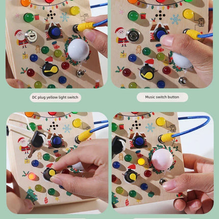 Montessori Wooden Busy Board – Sensory Training Toy with LED Lights & Switches for Early Learning Baby Gift