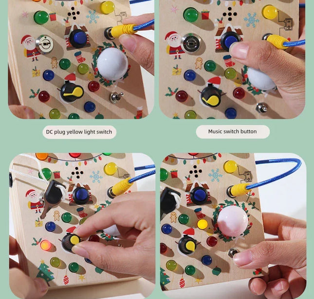 Montessori Wooden Busy Board – Sensory Training Toy with LED Lights & Switches for Early Learning Baby Gift