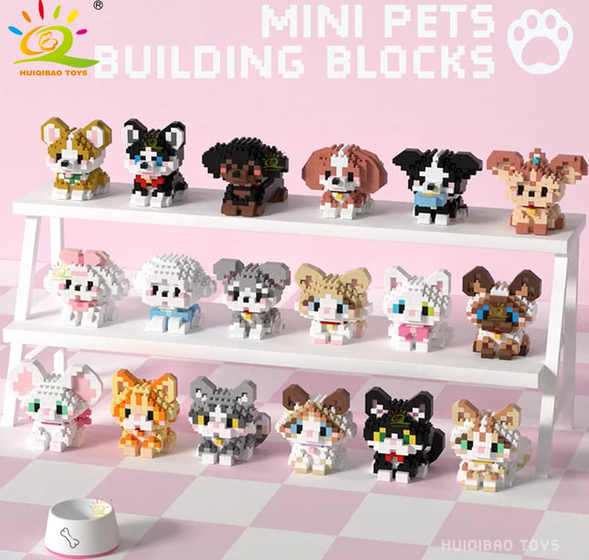 HUIQIBAO MINI Cute Pet Dog Cat Micro Building Block Model Set Kids City Cartoon Animal Diamond Bricks Educational Toys for Adult