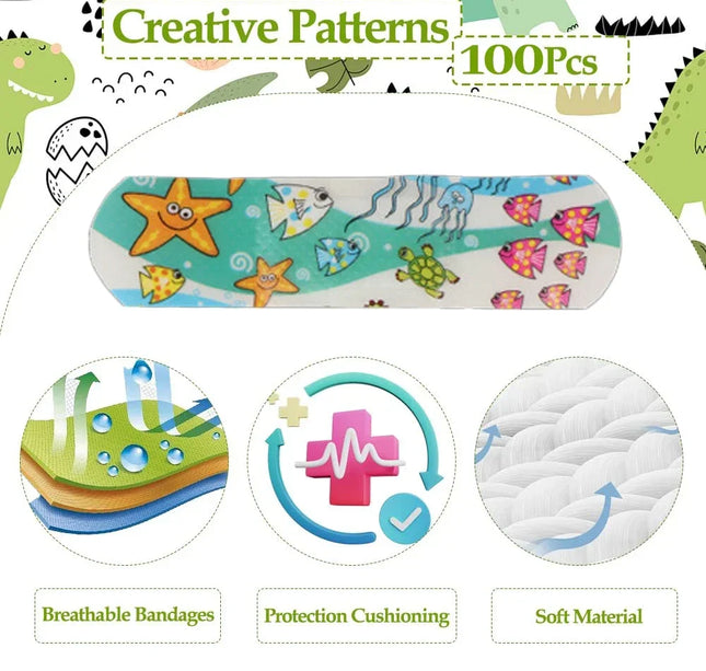 Kids Adhesive Bandages – 100pcs Cute Cartoon Waterproof Medical Strips for Children