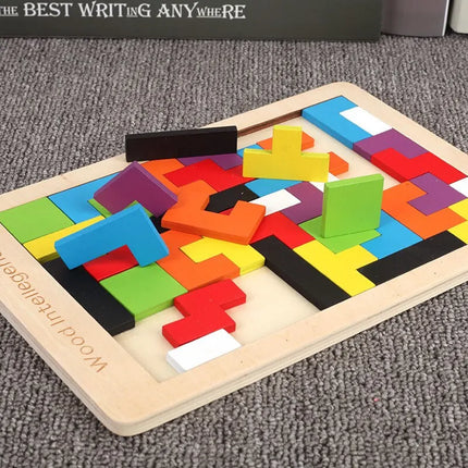 Wooden Blocks Puzzle Brain Teasers Toy Tangram Jigsaw Intelligence Colorful 3D Russian Blocks Montessori Educational