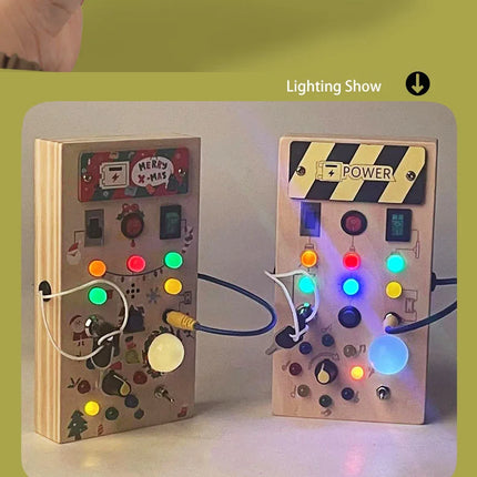 Montessori Wooden Busy Board – Sensory Training Toy with LED Lights & Switches for Early Learning Baby Gift