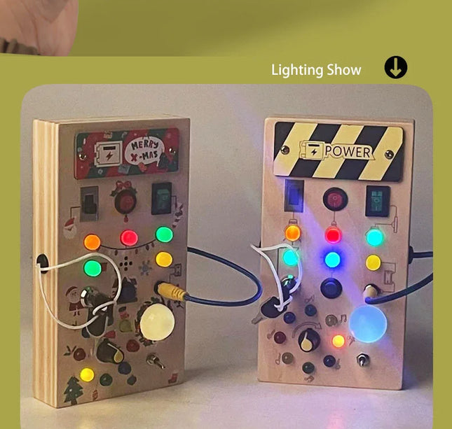 Montessori Wooden Busy Board – Sensory Training Toy with LED Lights & Switches for Early Learning Baby Gift