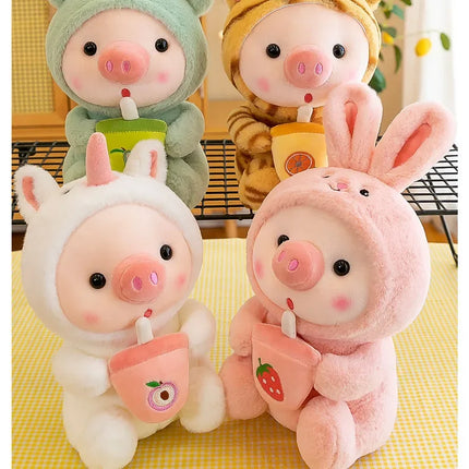 Cute Milk Tea Pig Plush Toy - Cartoon Animal Transformation Stuffed Doll, Kawaii Frog Plushie, Soft Hugging Pillow Gift