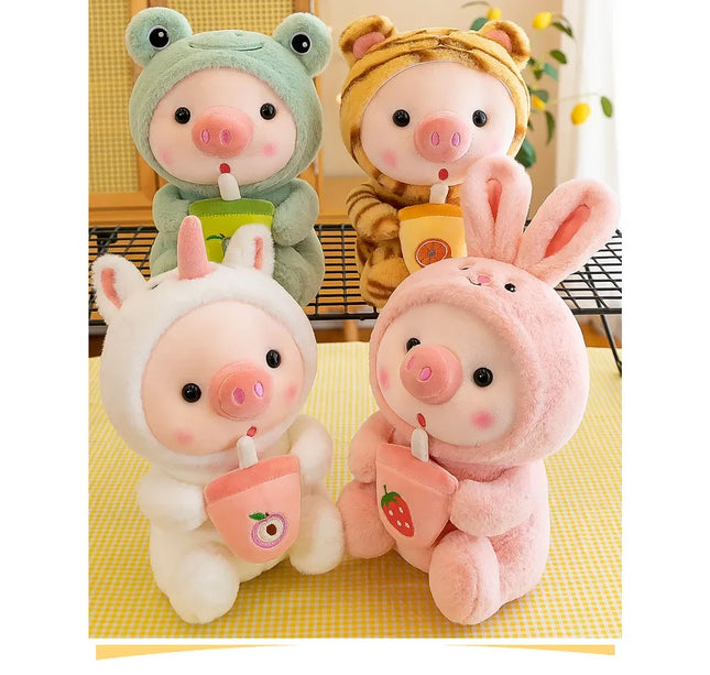 Cute Milk Tea Pig Plush Toy - Cartoon Animal Transformation Stuffed Doll, Kawaii Frog Plushie, Soft Hugging Pillow Gift