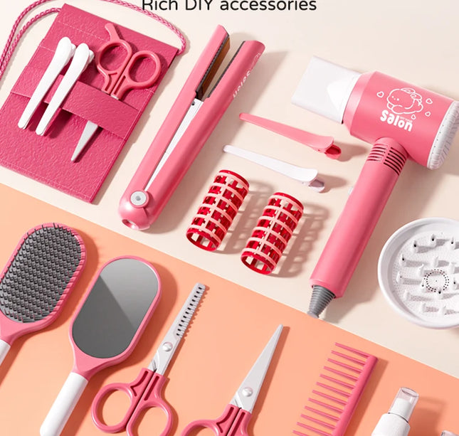 Kids Simulation Haircut & Makeup Kit – Pretend Play Hair Dryer Set Educational Toy for Girls Gifts