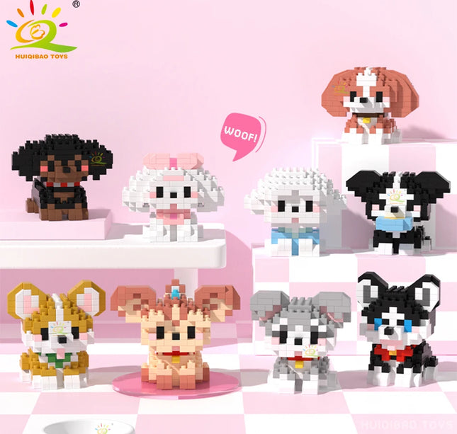 HUIQIBAO MINI Cute Pet Dog Cat Micro Building Block Model Set Kids City Cartoon Animal Diamond Bricks Educational Toys for Adult