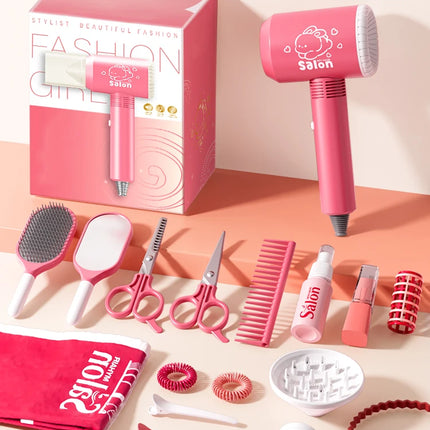 Kids Simulation Haircut & Makeup Kit – Pretend Play Hair Dryer Set Educational Toy for Girls Gifts