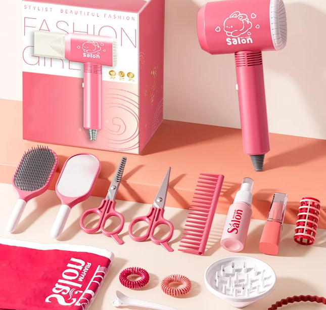 Kids Simulation Haircut & Makeup Kit – Pretend Play Hair Dryer Set Educational Toy for Girls Gifts