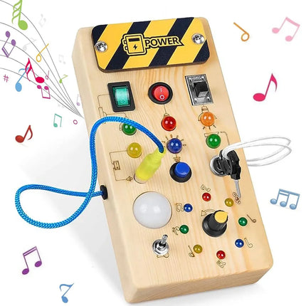 Montessori Wooden Busy Board – Sensory Training Toy with LED Lights & Switches for Early Learning Baby Gift