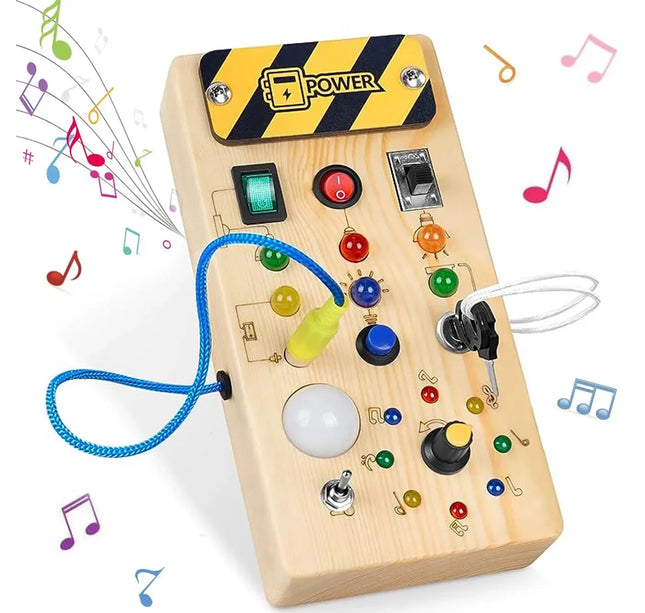 Montessori Wooden Busy Board – Sensory Training Toy with LED Lights & Switches for Early Learning Baby Gift