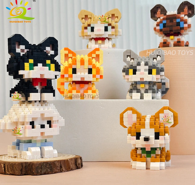 HUIQIBAO MINI Cute Pet Dog Cat Micro Building Block Model Set Kids City Cartoon Animal Diamond Bricks Educational Toys for Adult