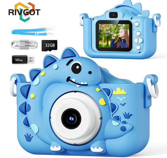 Kids Digital Camera with 32G Card Toy Girl Boy 1080p Hd Screen Outdoor Cartoon Dinosaur Camera Photography Video Birthday Gifts