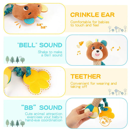 Baby Rattle Plush Toy – Soft Stuffed Animal Shaker with Crinkle & Squeaky Sensory Grip for Toddler Travel & Gifts