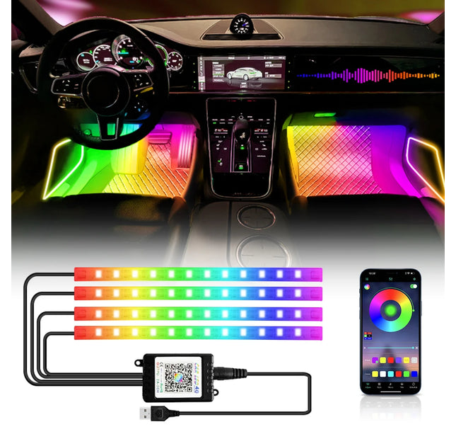 RGB Car Atmosphere Lights – LED Interior Footwell Strip with USB, Remote & Sound Control